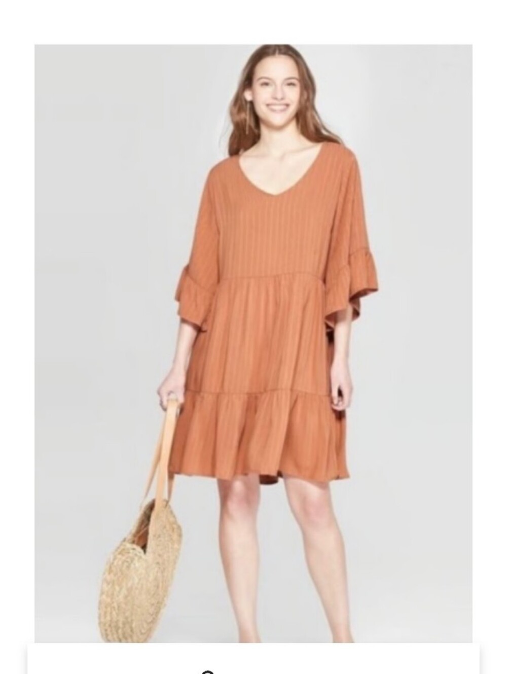 Universal Thread Rust Orange Tiered V-Neck Ruffle Sleeve Mini Dress